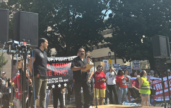 Coalition to March on the RNC Co-Chair Omar Flores speaking at the march's press conference. July 15, 2024. 