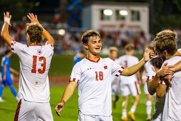 UW Men's Soccer team celebrates. September 16, 2024.