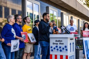 Executive Director of the Wisconsin Democracy Campaign Nick Ramos speaks at voting rights press conference in Madison. September 26, 2024. 