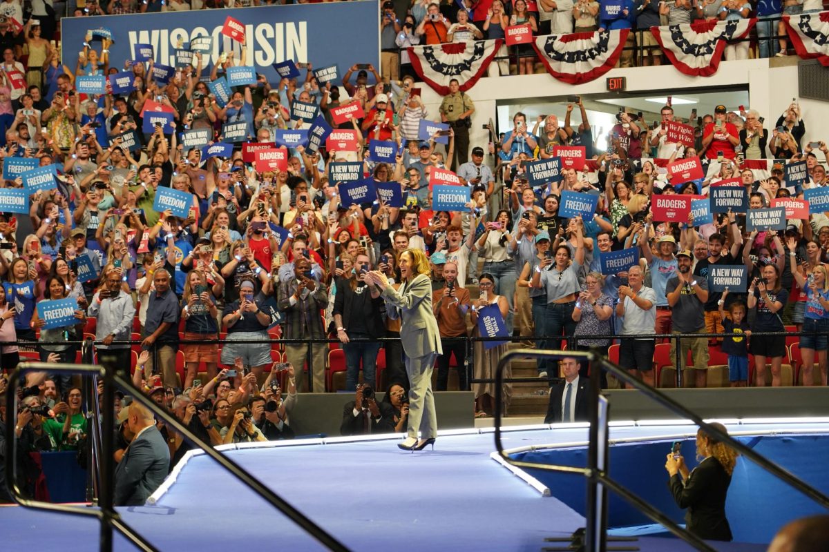 Vice President Kamala Harris enters her rally at the Veterans Memorial Coliseum in Madison, Wisconsin on September 20th, 2024