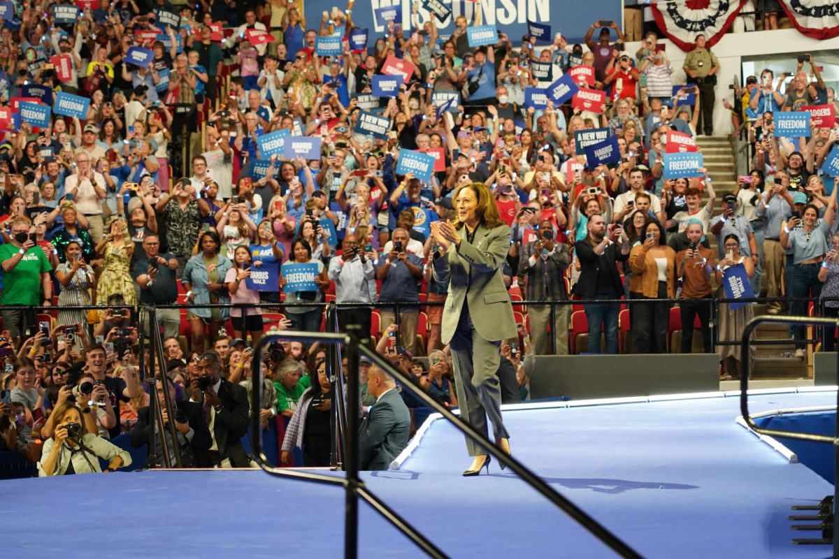 Vice President Kamala Harris enters her rally at the Veterans Memorial Coliseum in Madison, Wisconsin on September 20th, 2024