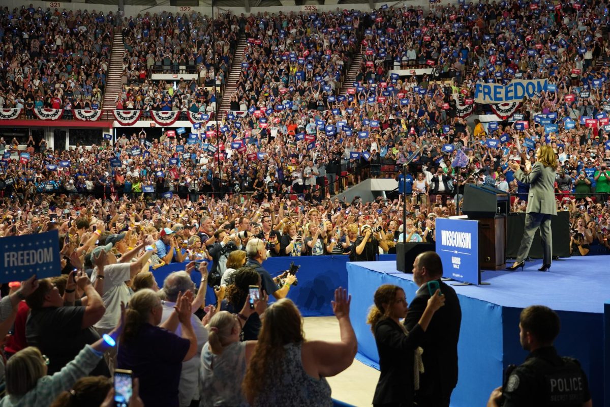 Vice President Kamala Harris at her rally in the Veterans Memorial Coliseum in Madison, Wisconsin on September 20th, 2024