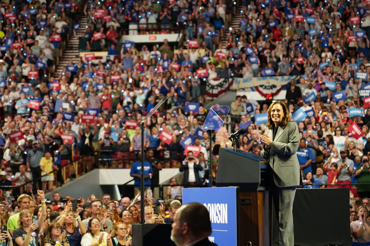 Vice President Kamala Harris at her rally in the Veterans Memorial Coliseum in Madison, Wisconsin on September 20th, 2024