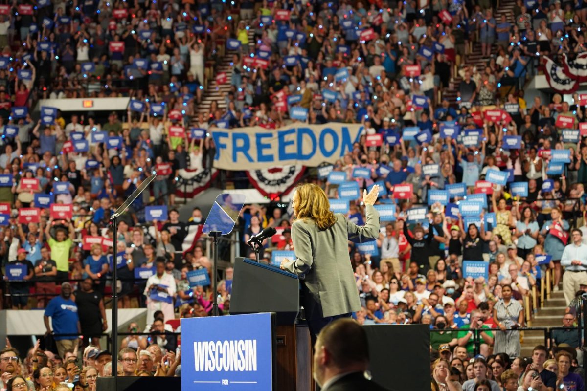 Vice President Kamala Harris speaks at her rally at the Veterans Memorial Coliseum in Madison, Wisconsin on September 20th, 2024