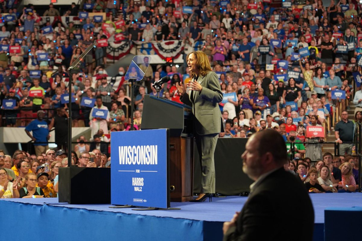 Vice President Kamala Harris speaks at her rally at the Veterans Memorial Coliseum in Madison, Wisconsin on September 20th, 2024