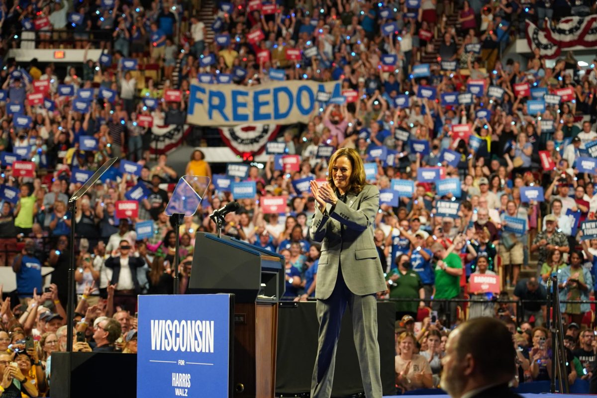 Vice President Kamala Harris at her rally in the Veterans Memorial Coliseum in Madison, Wisconsin. September 20, 2024.