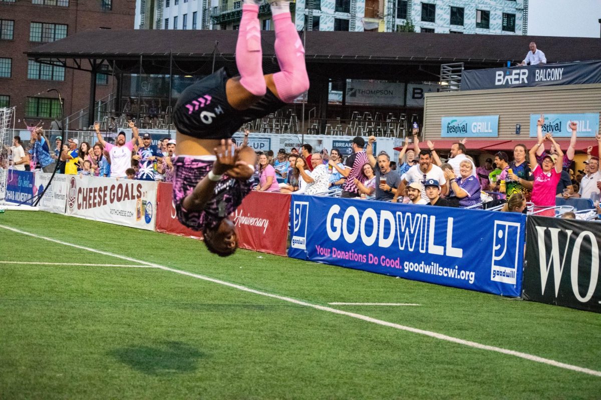 Christian Chaney does a flip to celebrate the winning goal. Sept. 11, 2024. 