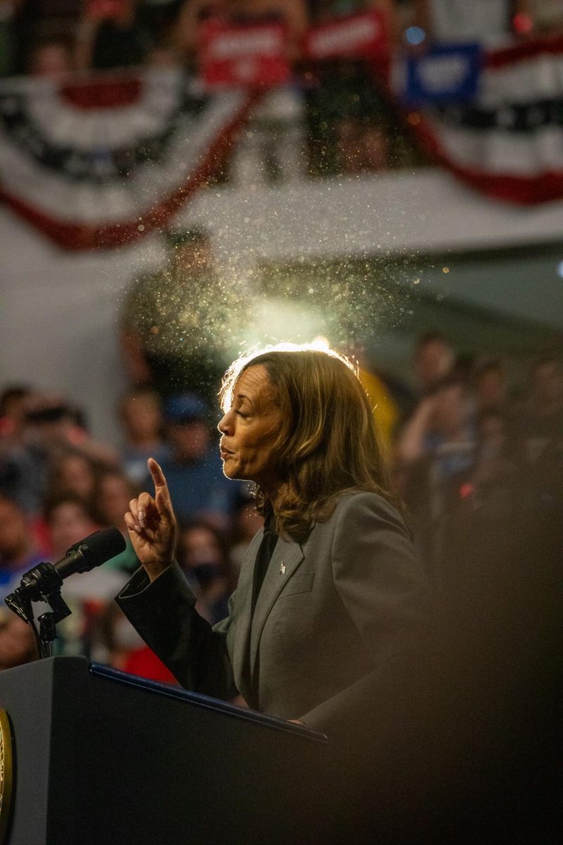 Vice President Kamala Harris at her rally in the Veterans Memorial Coliseum in Madison, Wisconsin on September 20th, 2024