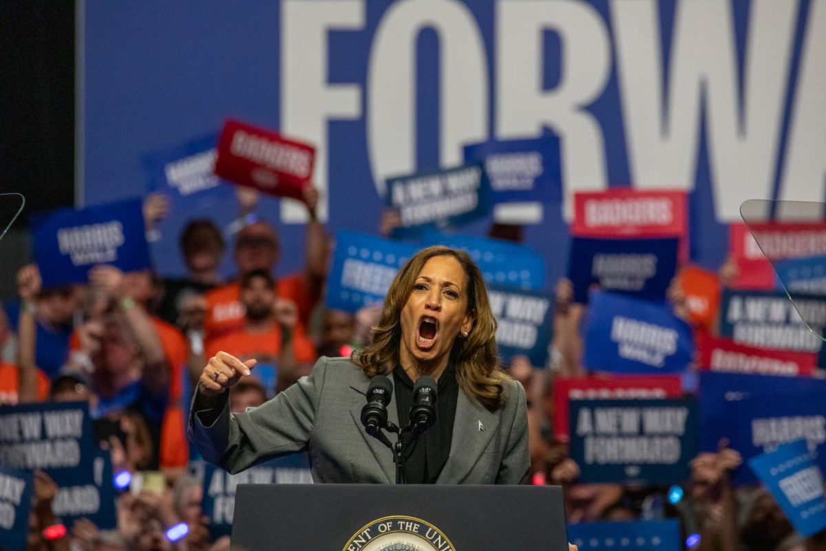 Vice President Kamala Harris at her rally in the Veterans Memorial Coliseum in Madison, Wisconsin on September 20th, 2024