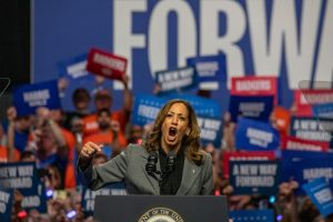 Vice President Kamala Harris at her rally in the Veterans Memorial Coliseum in Madison, Wisconsin on September 20th, 2024