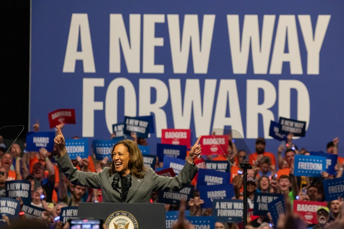 Vice President Kamala Harris at her rally in the Veterans Memorial Coliseum in Madison, Wisconsin. September 20, 2024.