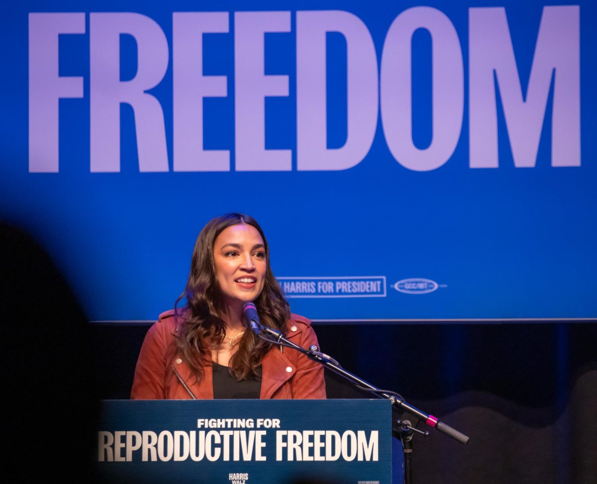 US Rep. Alexandria Ocasio-Cortez speaks at the Orpheum Theatre. September 27, 2024.