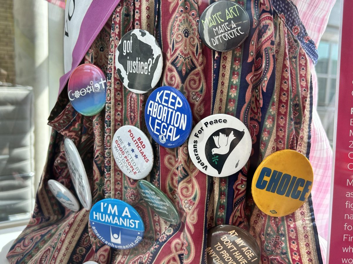 Pins at “It’s All the Rage: Activism, Aging, and the Raging Grannies of Madison” exhibit. Sept. 24, 2024. 