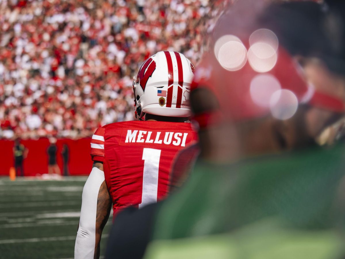 Badger Running back Chez Mellusi looks out at the field. Sept. 7, 2024. 