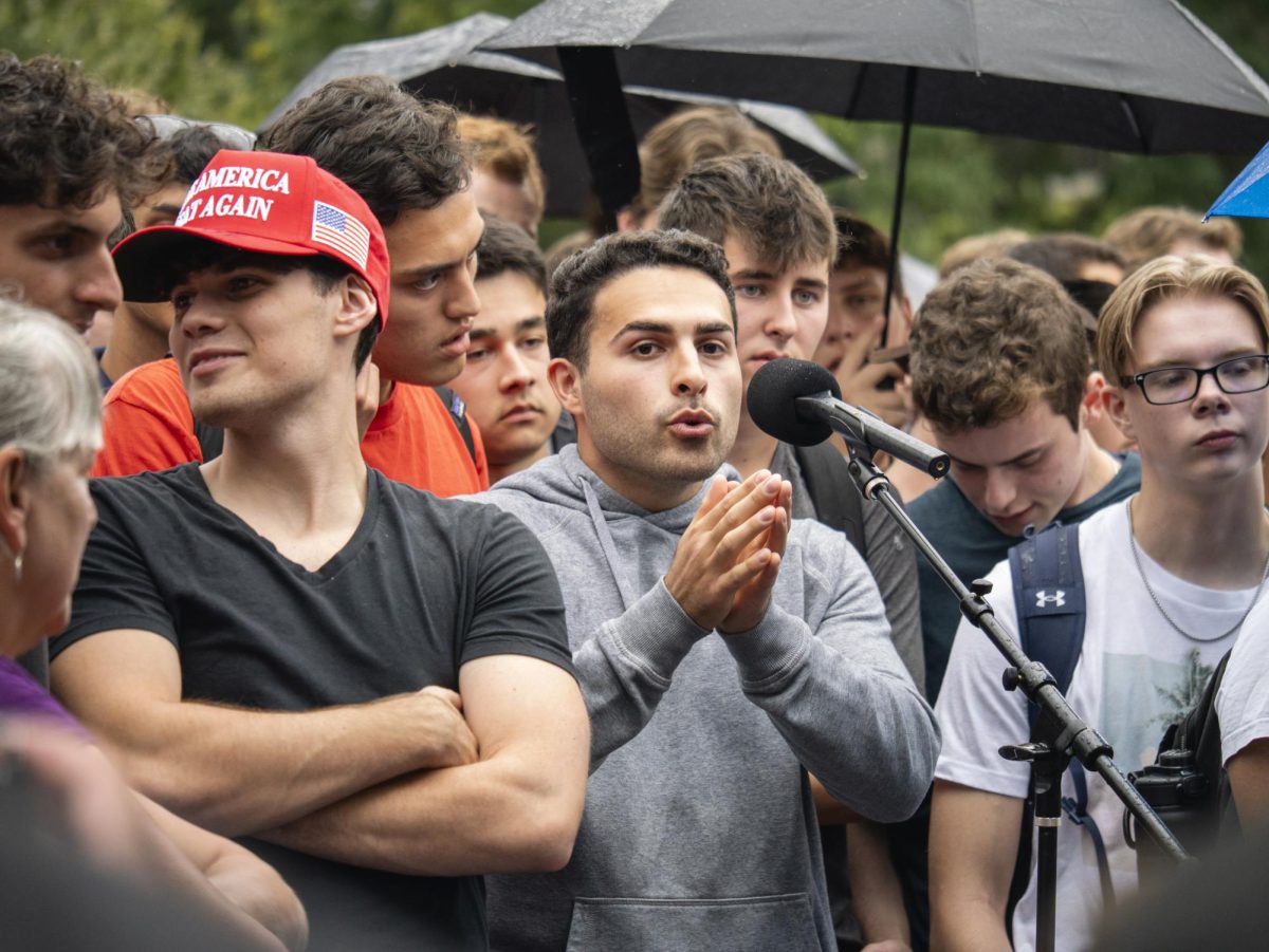 Student speaking at Charlie Kirk event on Library Mall. Sep. 5, 2024. 