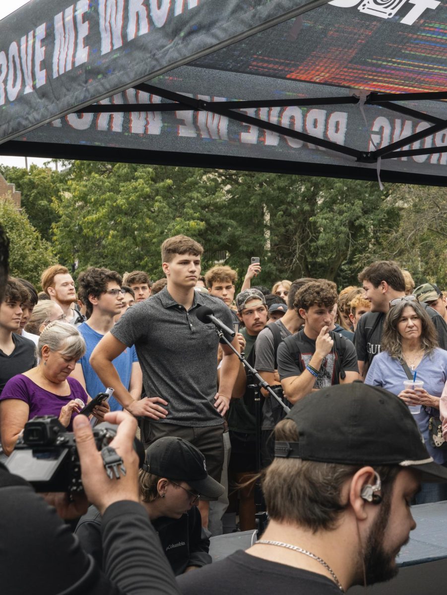 Student speaking at Charlie Kirk event on Library Mall. Sep. 5, 2024.