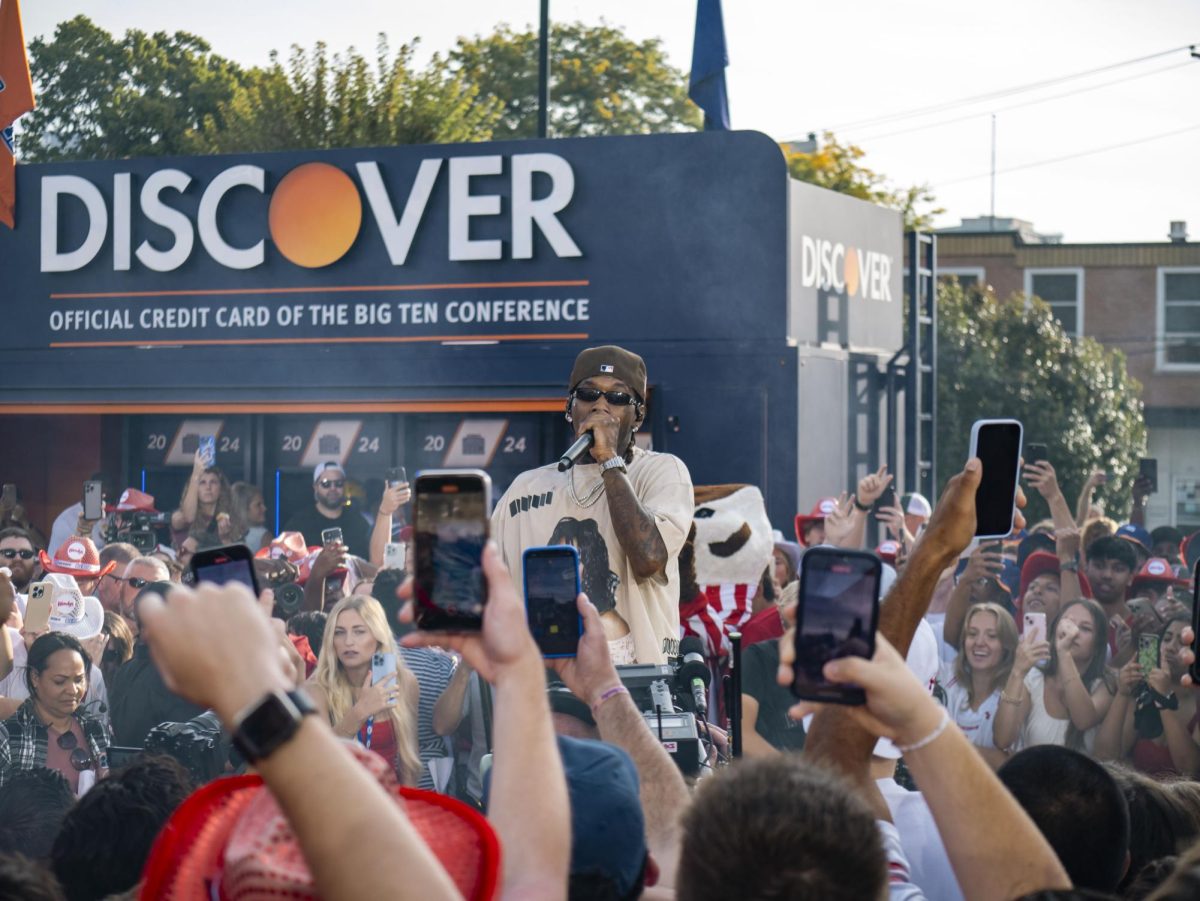 Offset performing at the Fox Big Noon Kickoff event on the Kohl Center lawn. 