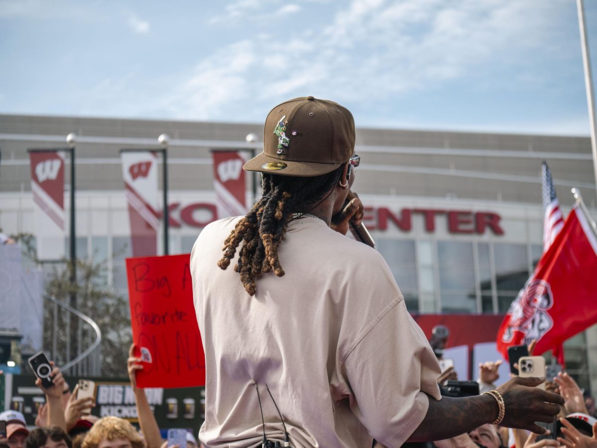 Offset performing at the Fox Big Noon Kickoff event on the Kohl Center lawn. 