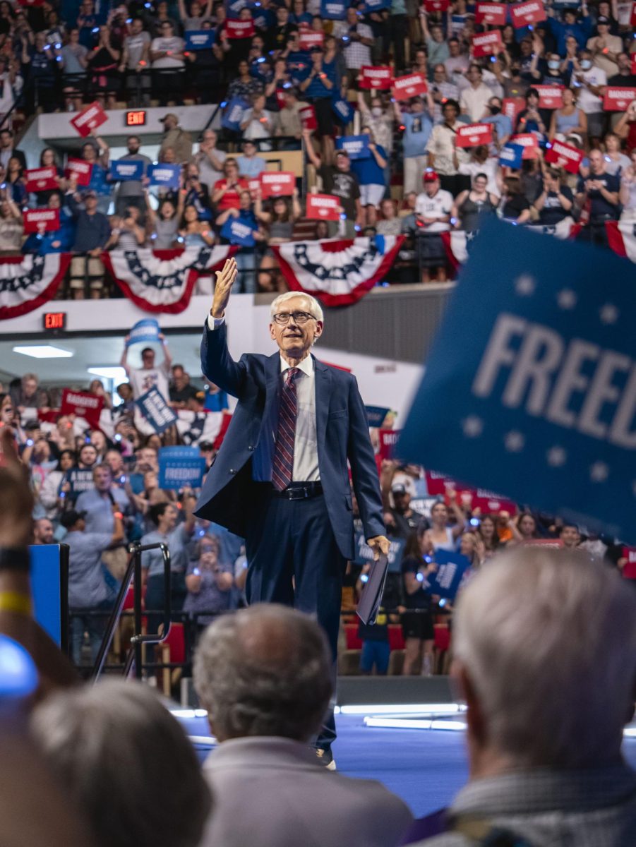 Gov. Tony Evers at the Kamala Harris rally in Madison. 