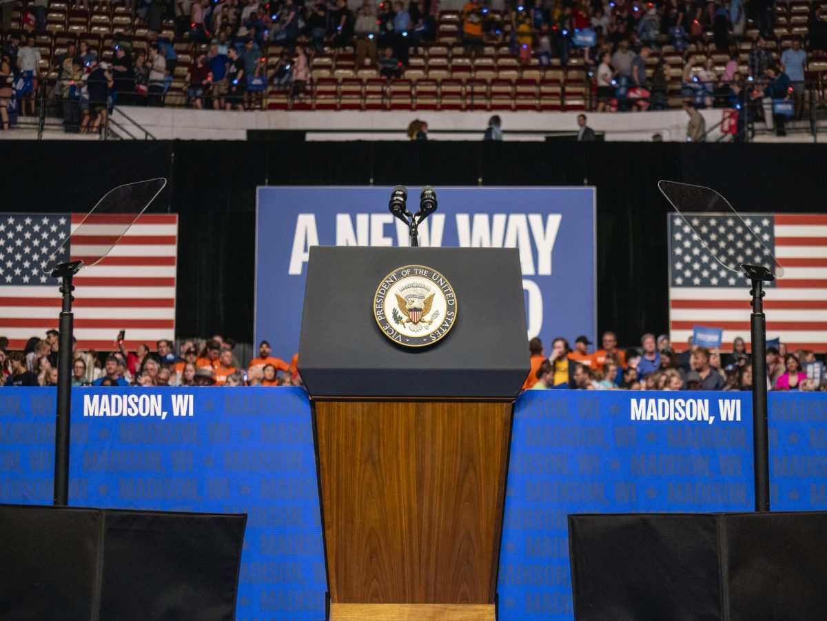 Speaker podium at the Kamala Harris rally in Madison. 