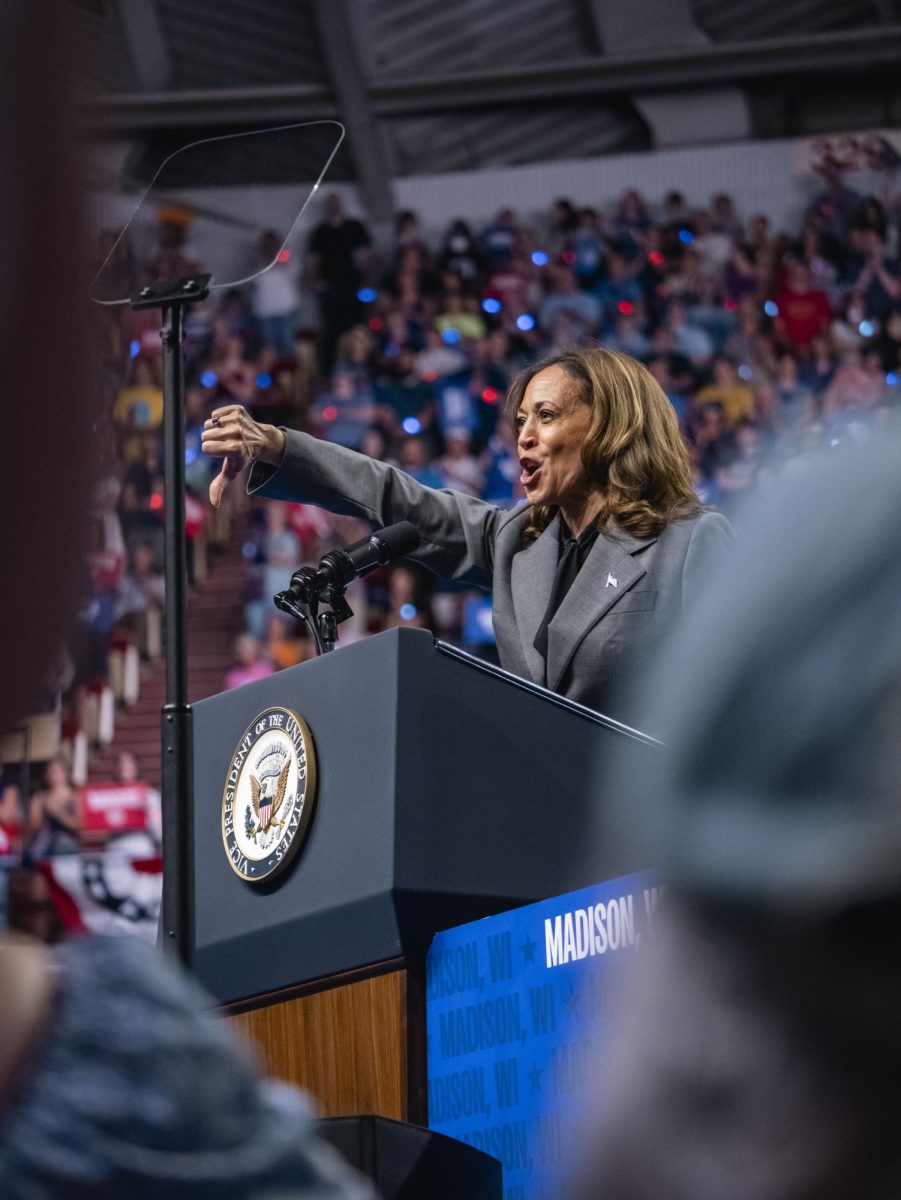 Kamala Harris gestures at her rally in Madison. 