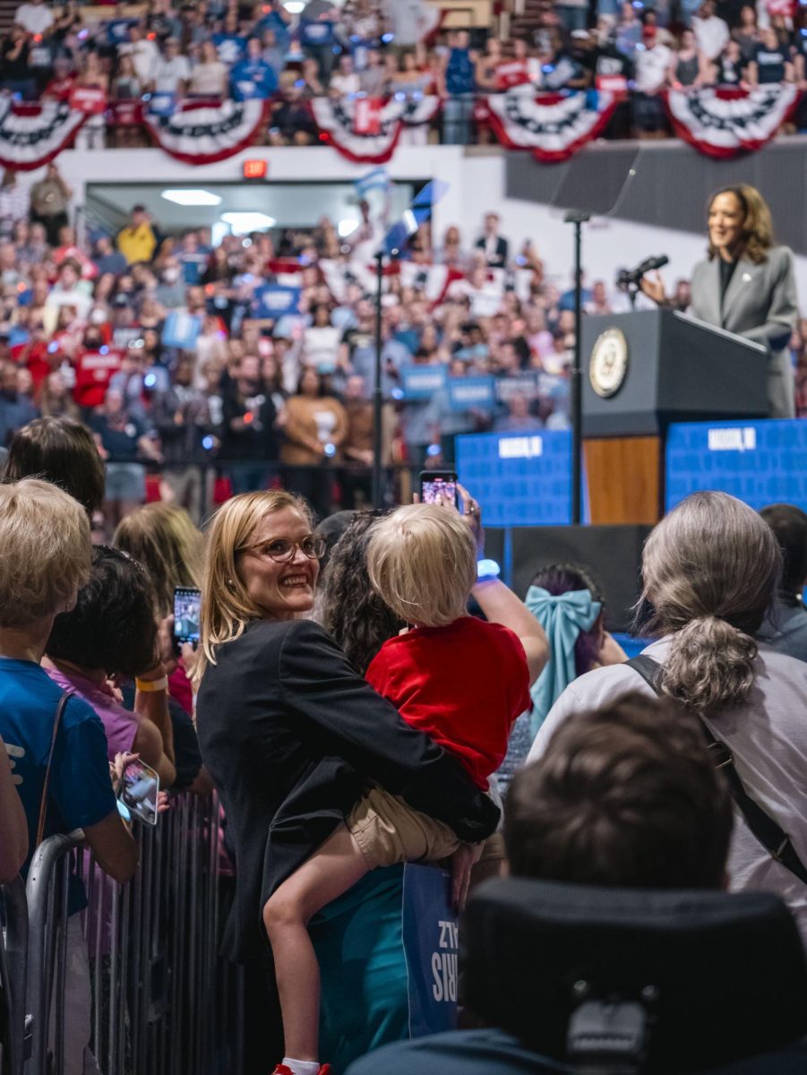 Wisconsin Secretary of State Sarah Godlewski and her son at the Kamala Harris rally in Madison. 