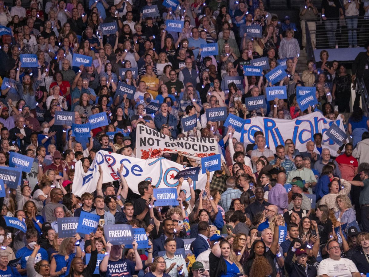 Pro Palestine protestors at the Kamala Harris rally in Milwaukee. Aug. 20, 2024. 