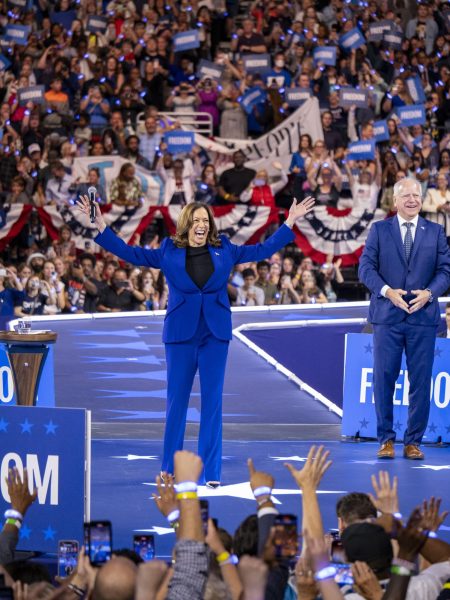 Kamala Harris and Tim Walz at the Milwaukee rally in the Fiserv Forum. Aug. 20, 2024. 