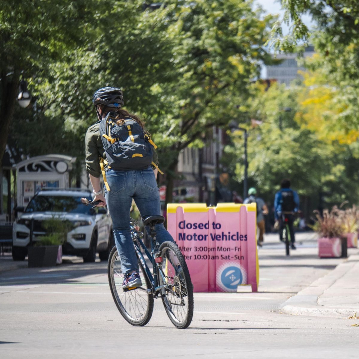 Biker in front of State Street. 