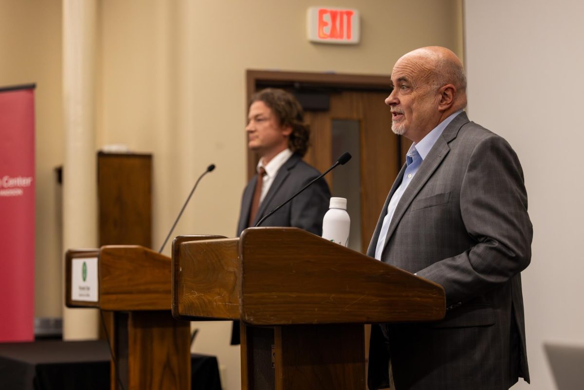 Congressman Mark Pocan (D) and Mike Olsen (R) debate in the Wisconsin room of the Red Gym. October 16, 2024.