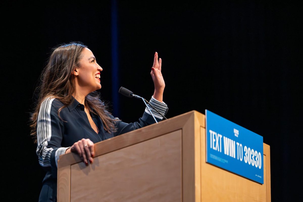 Representative Alexandria Ocasio-Cortez speaks at a Harris-Walz campaign event. October 28, 2024.