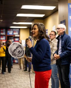 Governor Gretchen Whitmer speaks at the Madison stop of the Blue Wall Bus Tour. October 15, 2024