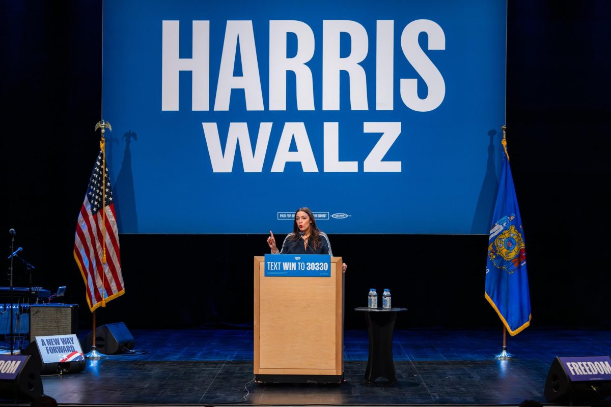 Representative Alexandria Ocasio-Cortez speaks at a Harris-Walz campaign event. October 28, 2024.