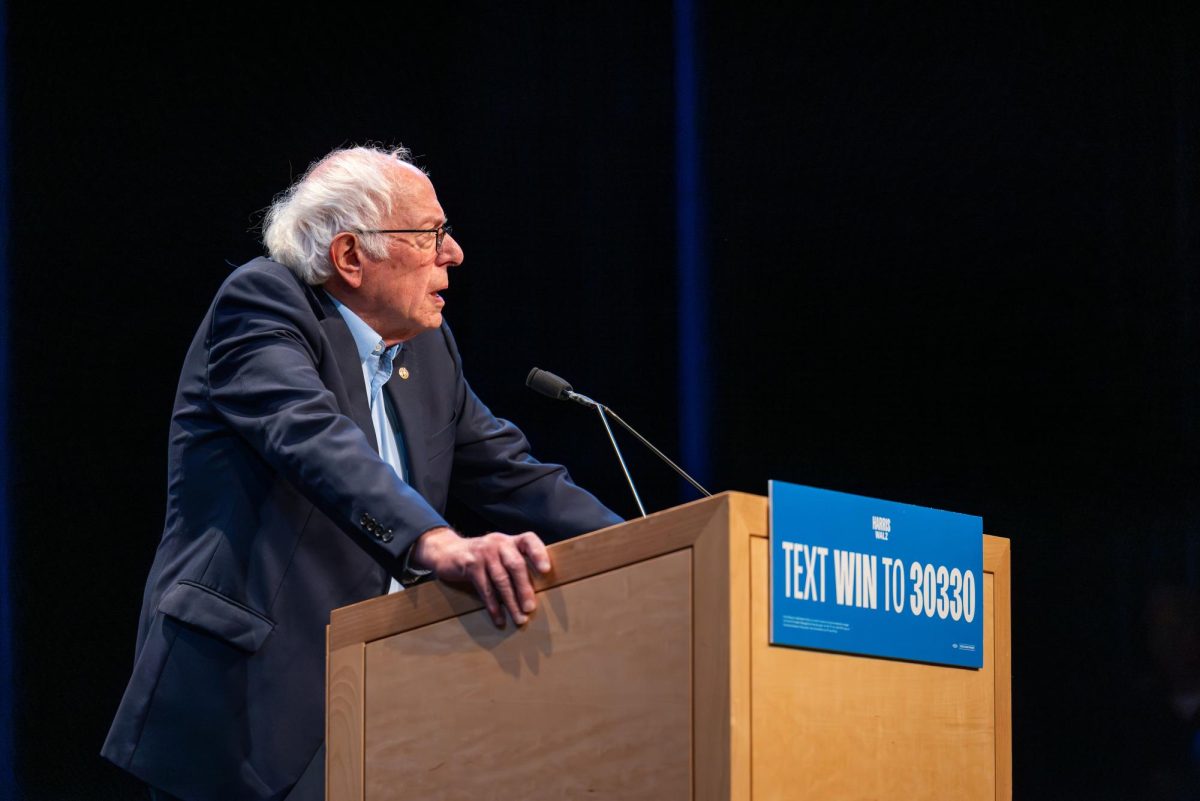 Senator Bernie Sanders speaks at a Harris-Walz campaign event. October 28, 2024.