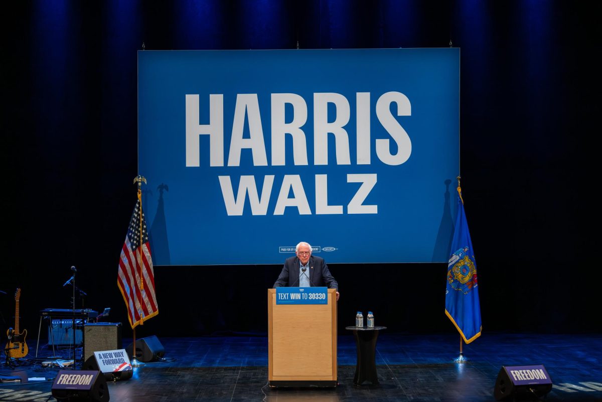 Senator Bernie Sanders speaks at a Harris-Walz campaign event. October 28, 2024.