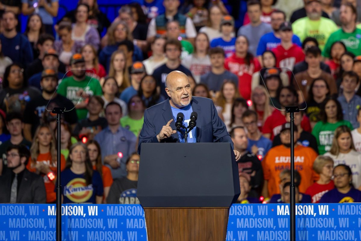 Rep. Mark Pocan speaks at a Harris-Walz campaign event in Madison at the Alliant Energy Center. October 30, 2024.
