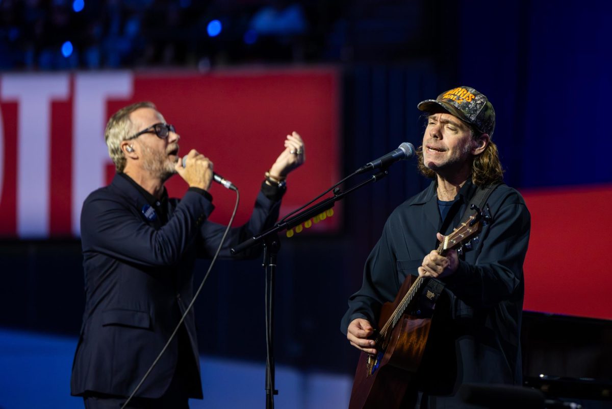 Aaron Dessner and Matt Berninger of The National perform at a Harris-Walz campaign event in Madison at the Alliant Energy Center. October 30, 2024.
