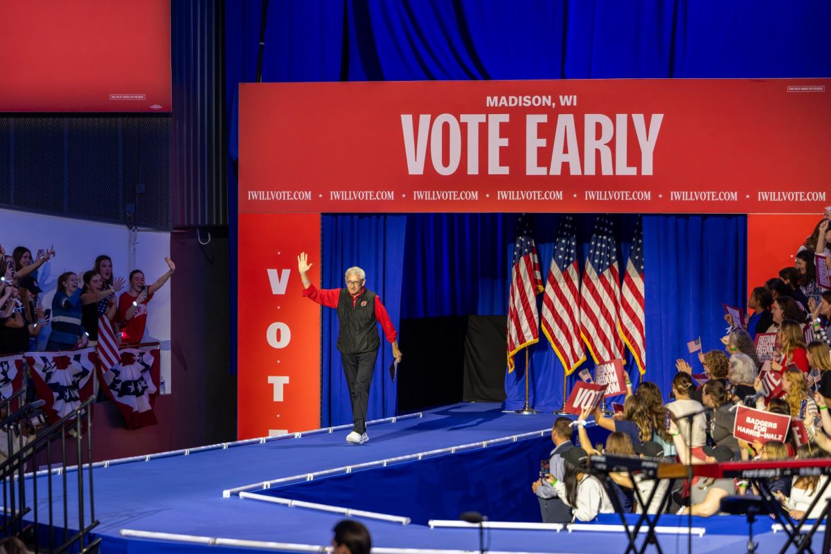 Gov. Tony Evers speaks at a Harris-Walz campaign event in Madison at the Alliant Energy Center. October 30, 2024.