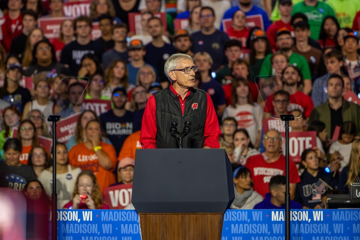 Gov. Tony Evers speaks at a Harris-Walz campaign event in Madison at the Alliant Energy Center. October 30, 2024.