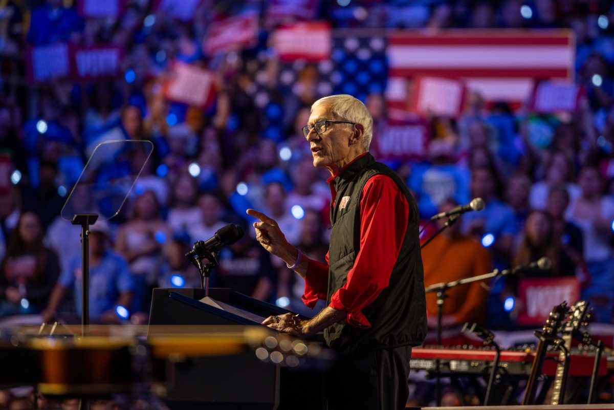 Gov. Tony Evers speaks at a Harris-Walz campaign event in Madison at the Alliant Energy Center. October 30, 2024.