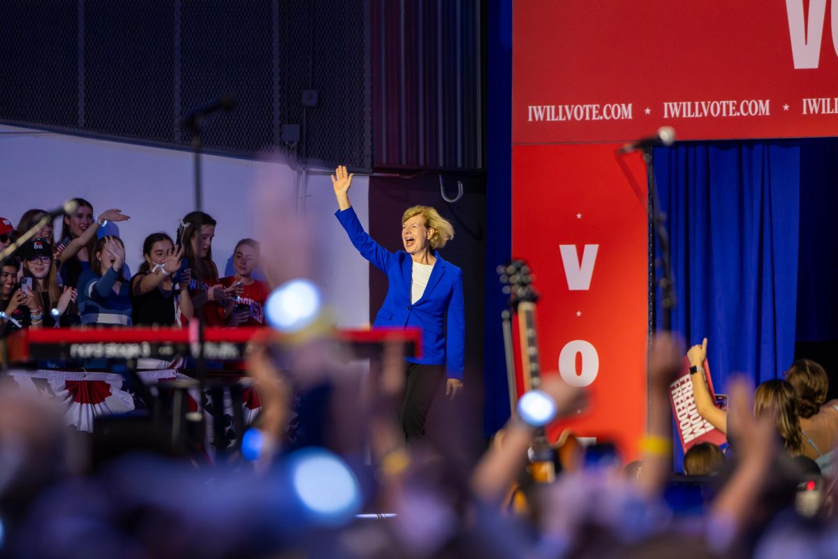 Sen. Tammy Baldwin speaks at a Harris-Walz campaign event in Madison at the Alliant Energy Center. October 30, 2024.