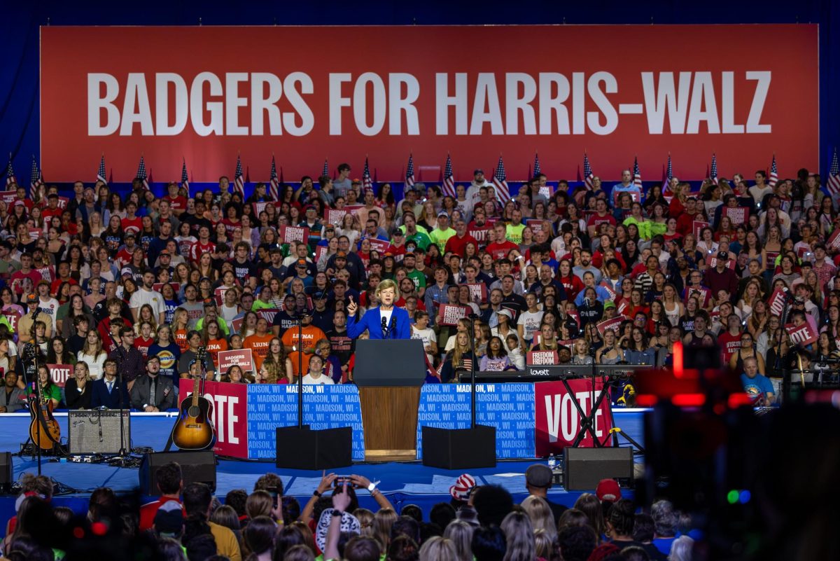 Sen. Tammy Baldwin speaks at a Harris-Walz campaign event in Madison at the Alliant Energy Center. October 30, 2024.