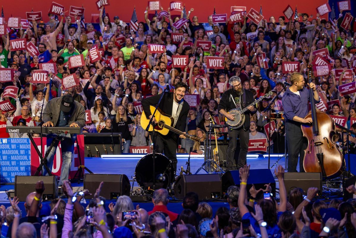 Mumford and Sons perform at a Harris-Walz campaign event in Madison at the Alliant Energy Center. October 30, 2024.