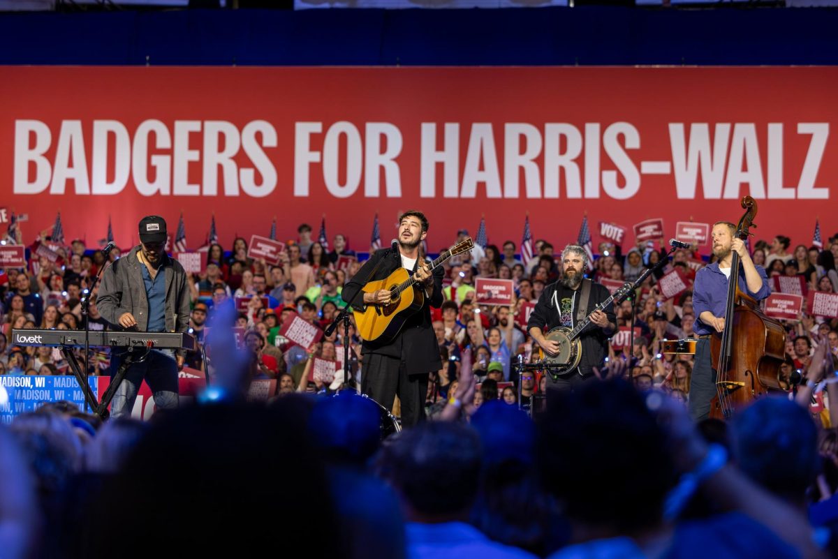 Mumford and Sons perform at a Harris-Walz campaign event in Madison at the Alliant Energy Center. October 30, 2024.