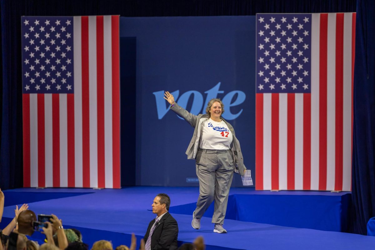 Mayor Satya Rhodes-Conway walks on stage at a Harris Walz Campaign event. October 22, 2024