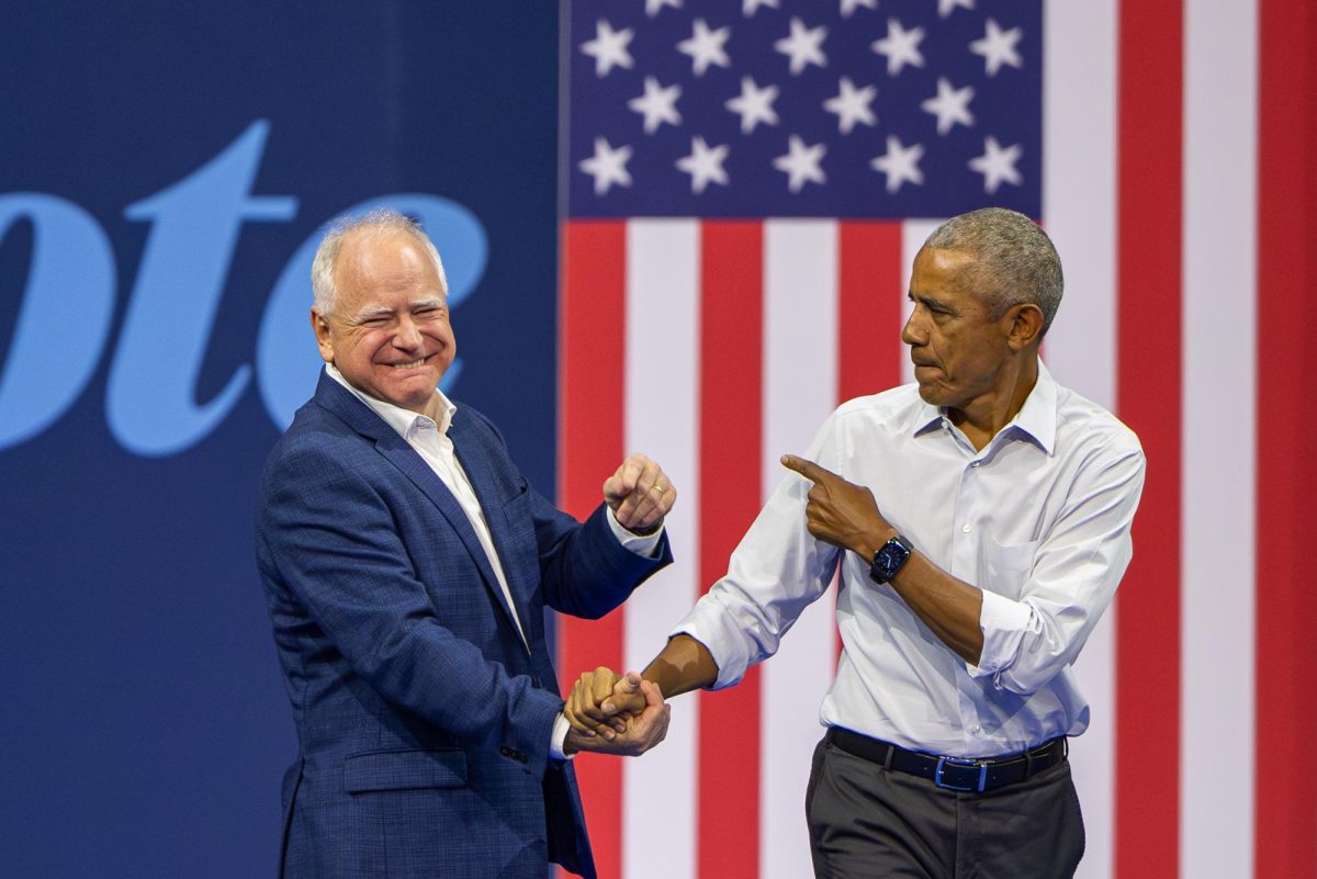 Former President Barack Obama and Tim Walz at a Harris-Walz Campaign event. October 22, 2024.