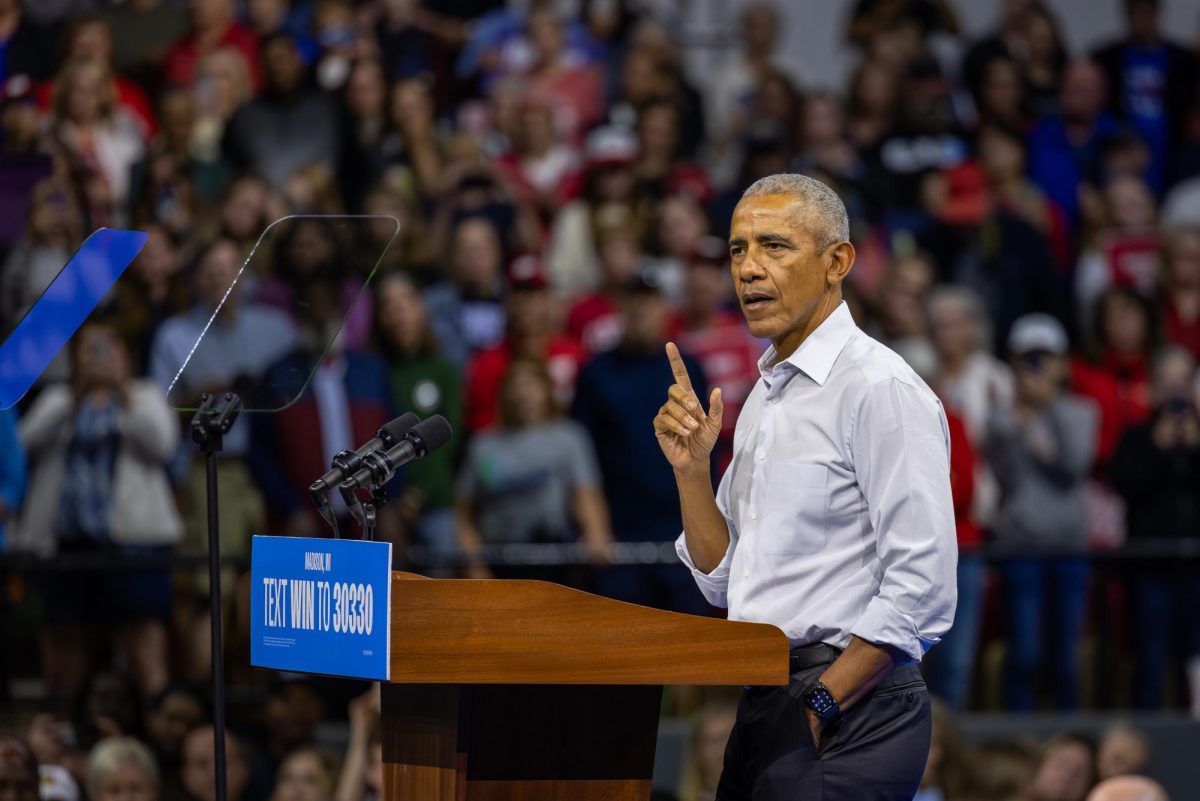 Former President Barack Obama speaks at a Harris-Walz Campaign event in Madison. October 22, 2024