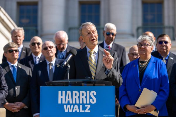 National Security Leaders for America member Colonel Tom Davis spoke on the steps of the Capitol Building in a campaign event for Harris. October 10, 2024.