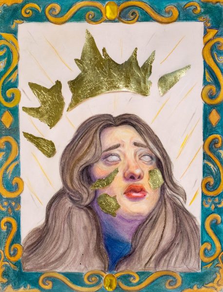 Broken Crown by Fatima Lavariega. Pastel pencils and mixed media on paper. October 10, 2024.