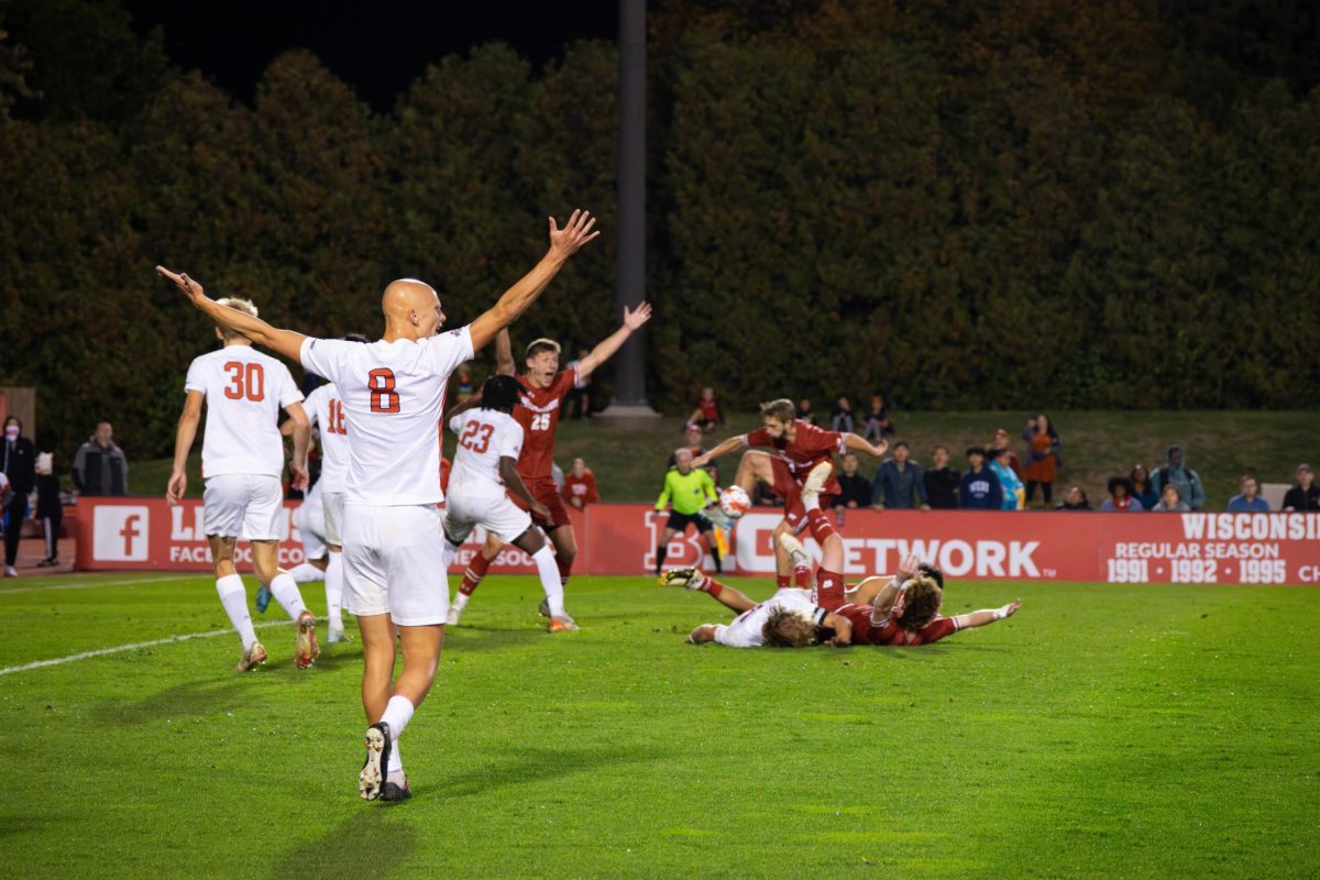 Players erupt after Ohio commits a foul resulting in a penalty kick for Wisconsin. October 19, 2024.